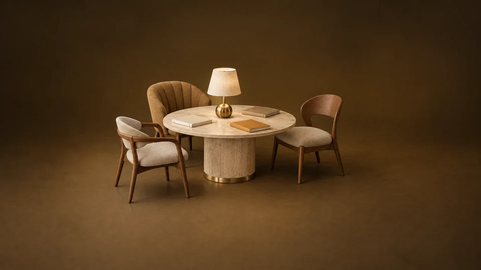 Three different empty chairs around a stone table with closed notebooks and an ordinary linen-shaded lamp.
