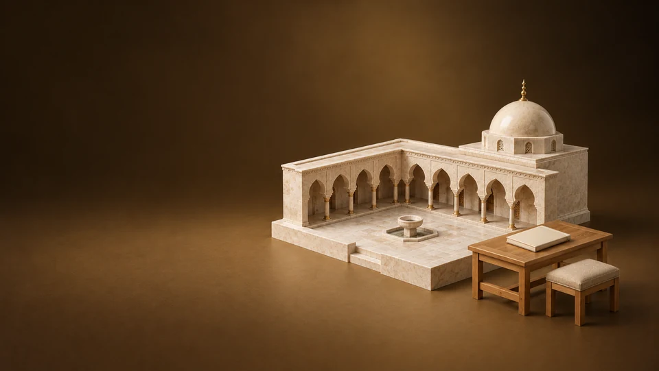 Miniature limestone mosque courtyard with a low dome beside a tour desk, closed blank guide and empty stool.
