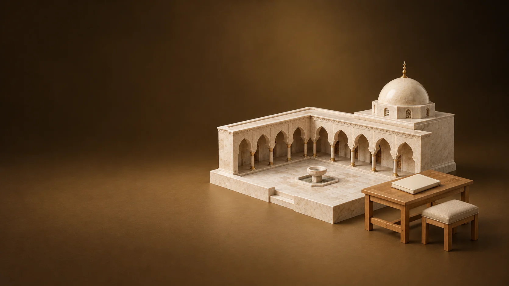 Miniature limestone mosque courtyard with a low dome beside a tour desk, closed blank guide and empty stool.