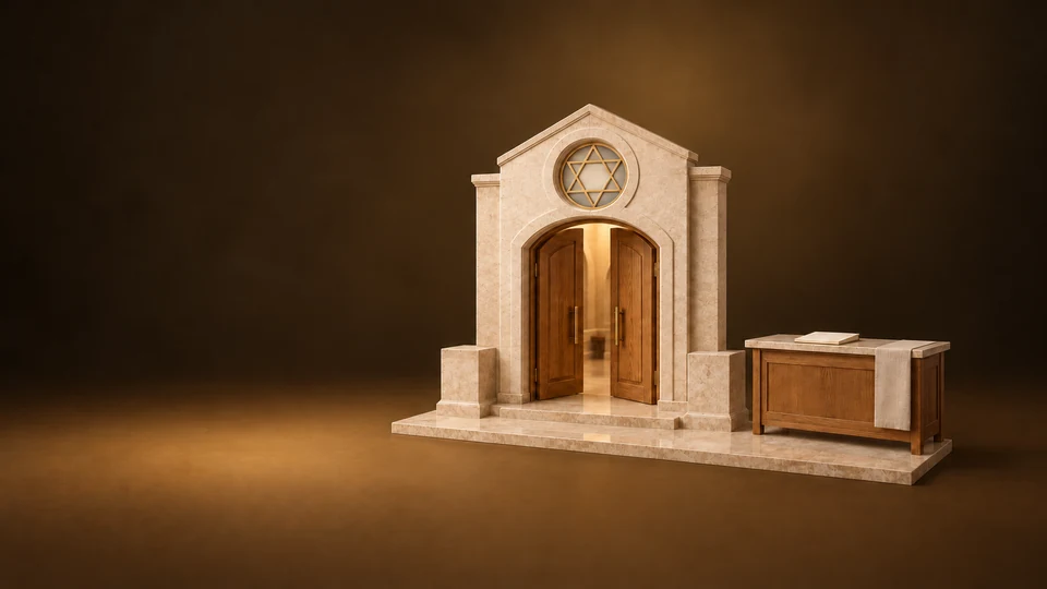 Miniature stone synagogue entrance with a geometric round window beside a visitor desk and closed blank book.