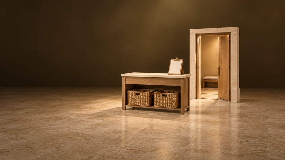 Oak service counter with two empty woven baskets and a blank clipboard beside an open doorway.