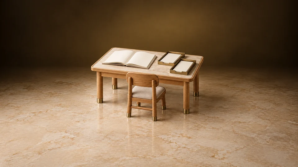 Empty learning table with an open blank book, two registration trays and a student chair.