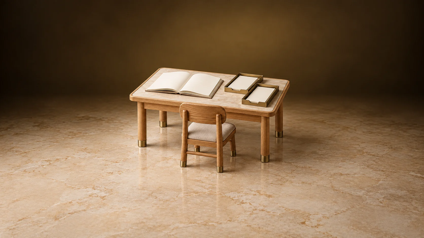 Empty learning table with an open blank book, two registration trays and a student chair.
