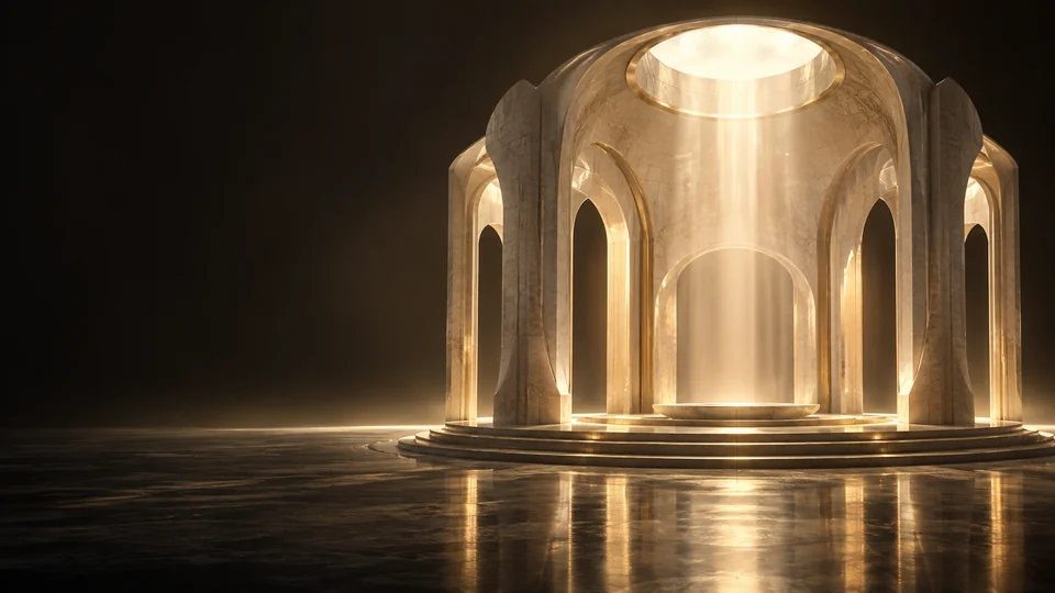 A pale stone vaulted pavilion lit through a circular roof opening.