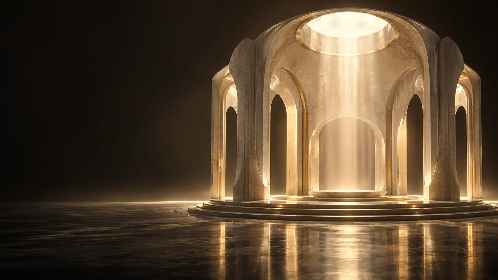 A pale stone vaulted pavilion lit through a circular roof opening.