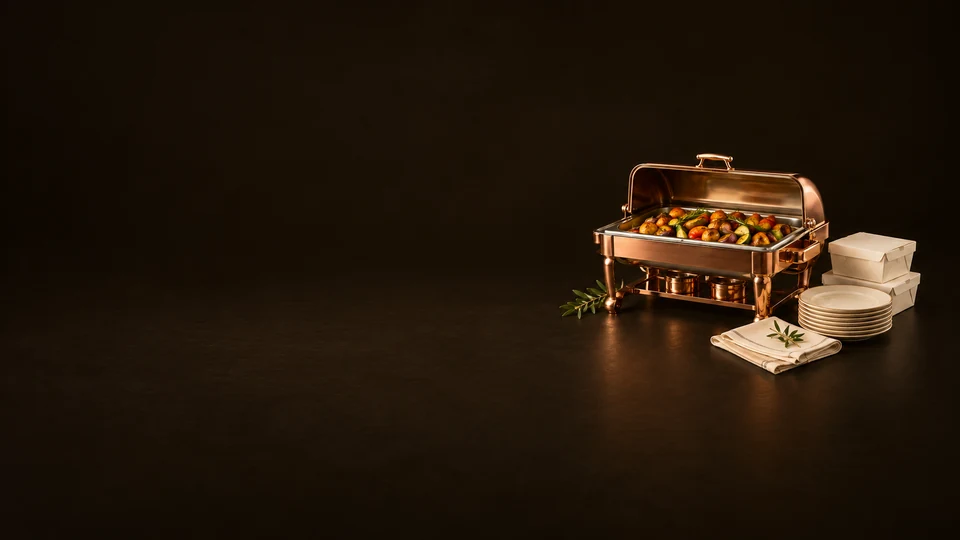 Copper catering dish with its lid raised over roasted vegetables, beside meal boxes, plates and folded linen.