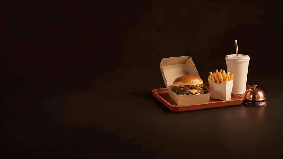 Burger, fries and takeaway drink on a terracotta tray beside a copper pickup bell.