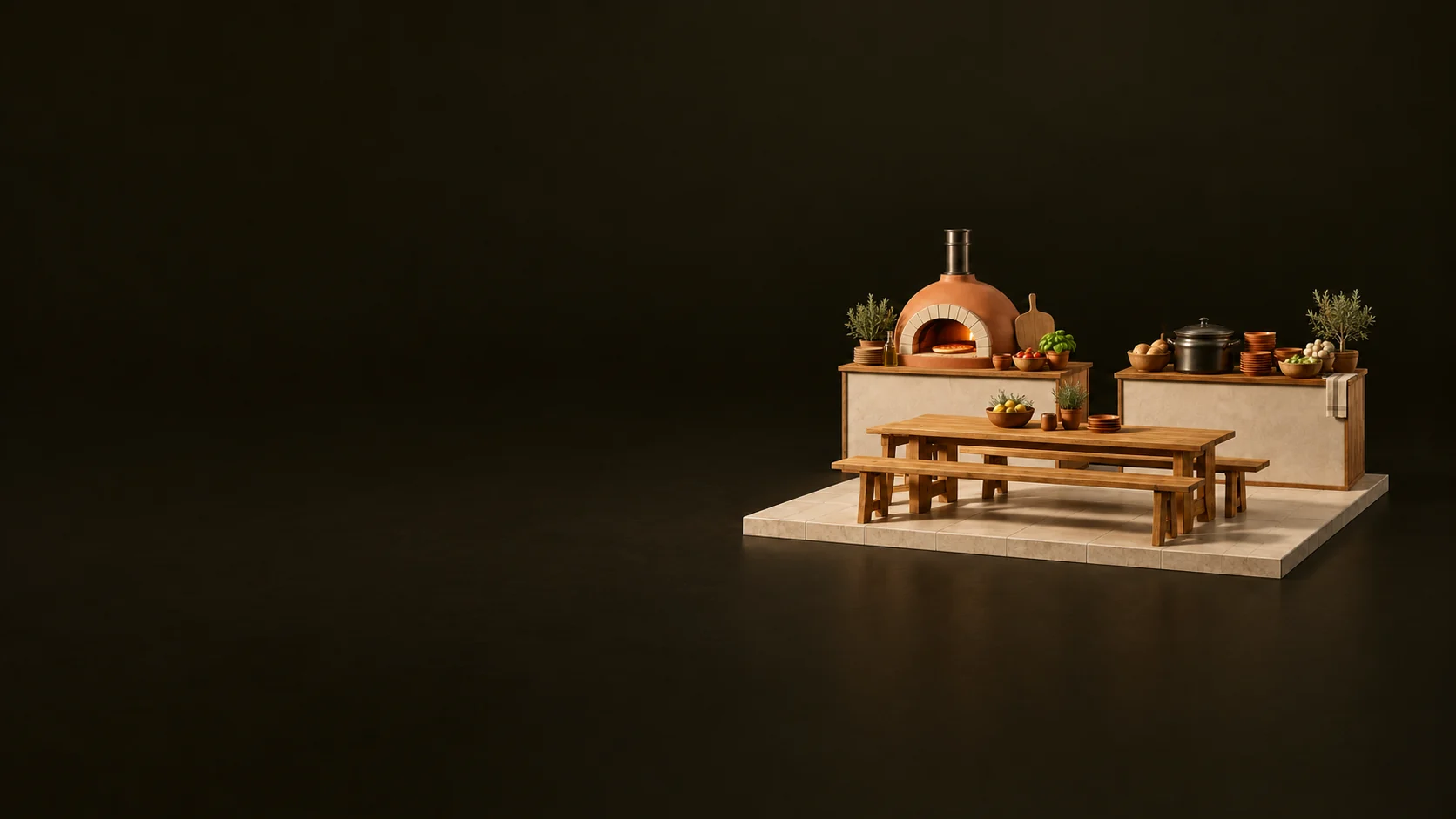 Miniature food hall with a pizza counter, soup counter and shared wooden table with benches.