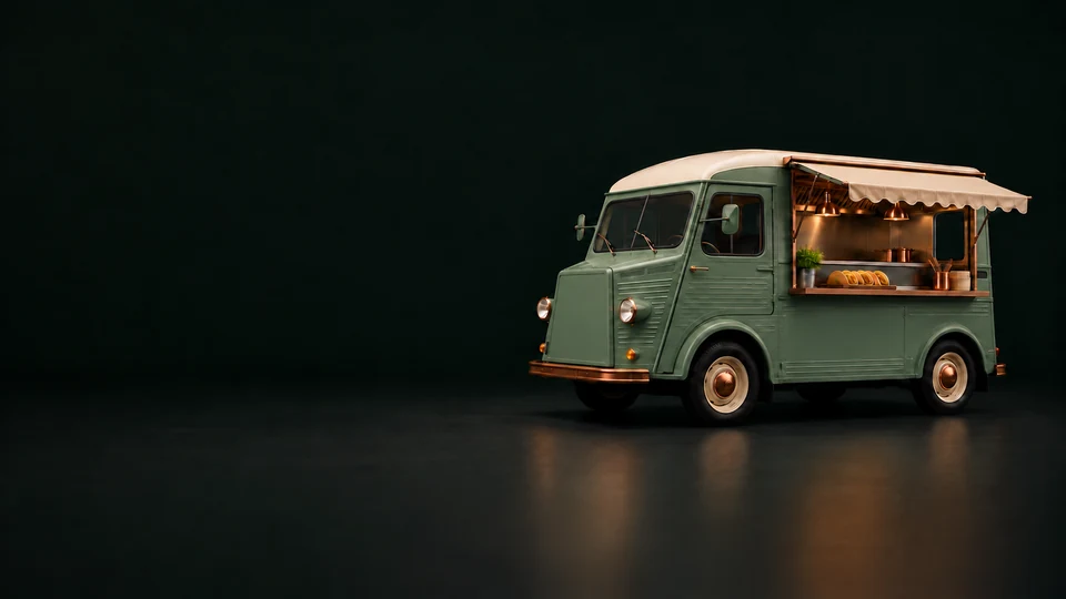 Unbranded jade food truck with a cream awning, open serving hatch and taco display.