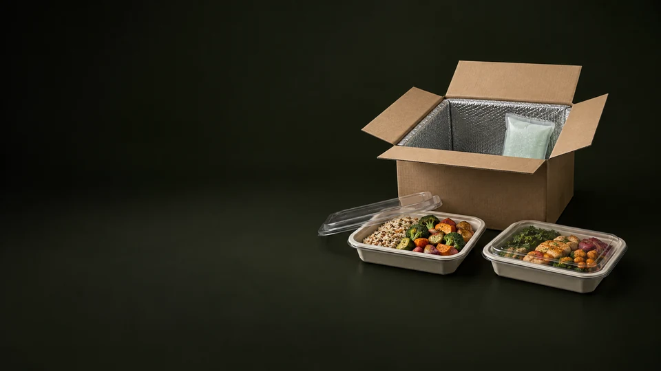 Open insulated delivery box with a gel pack beside two prepared meal trays.