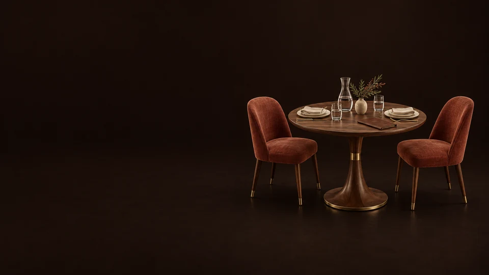 Round walnut restaurant table set for two with clay upholstered chairs, dishes and a glass carafe.