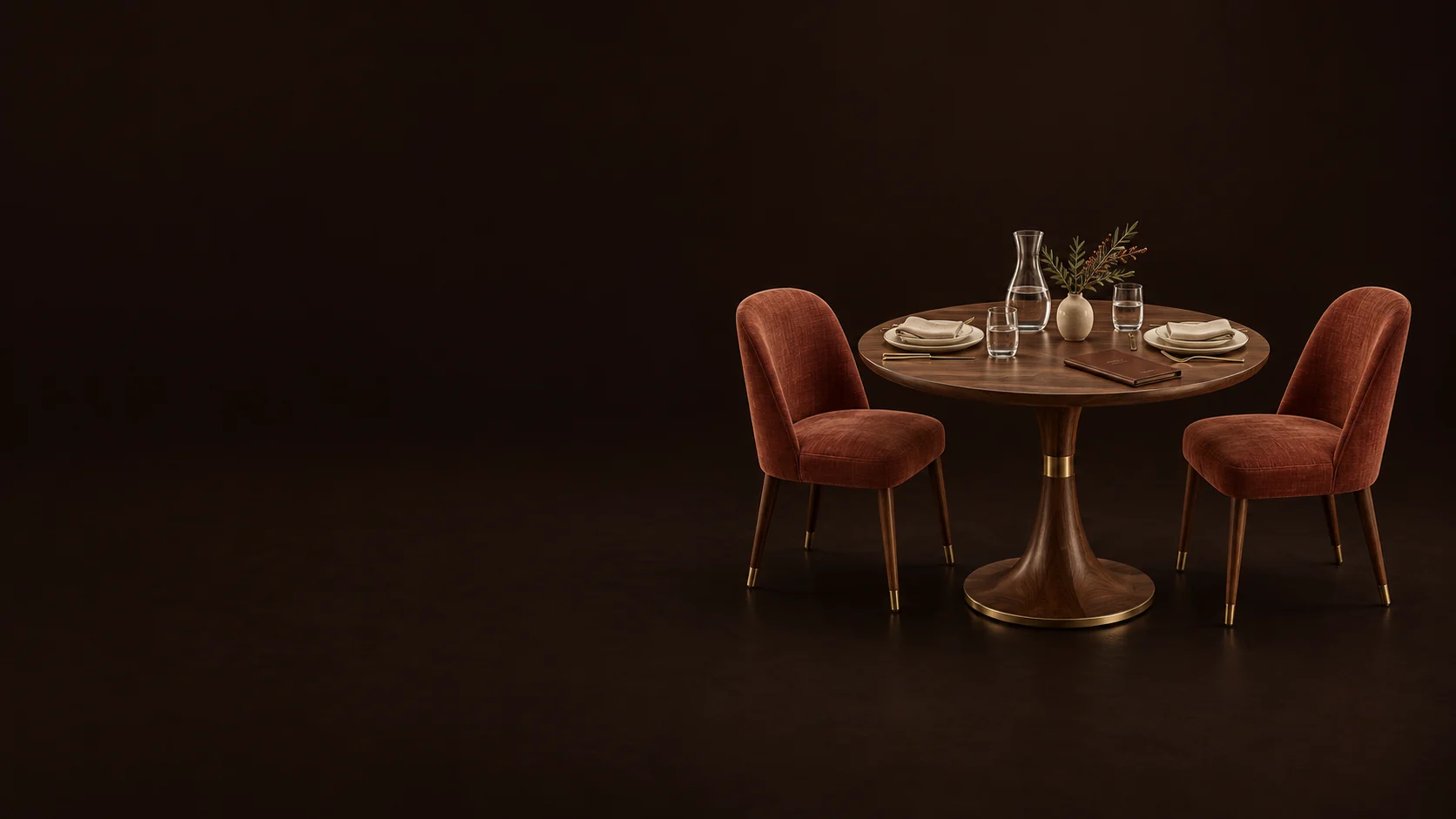 Round walnut restaurant table set for two with clay upholstered chairs, dishes and a glass carafe.