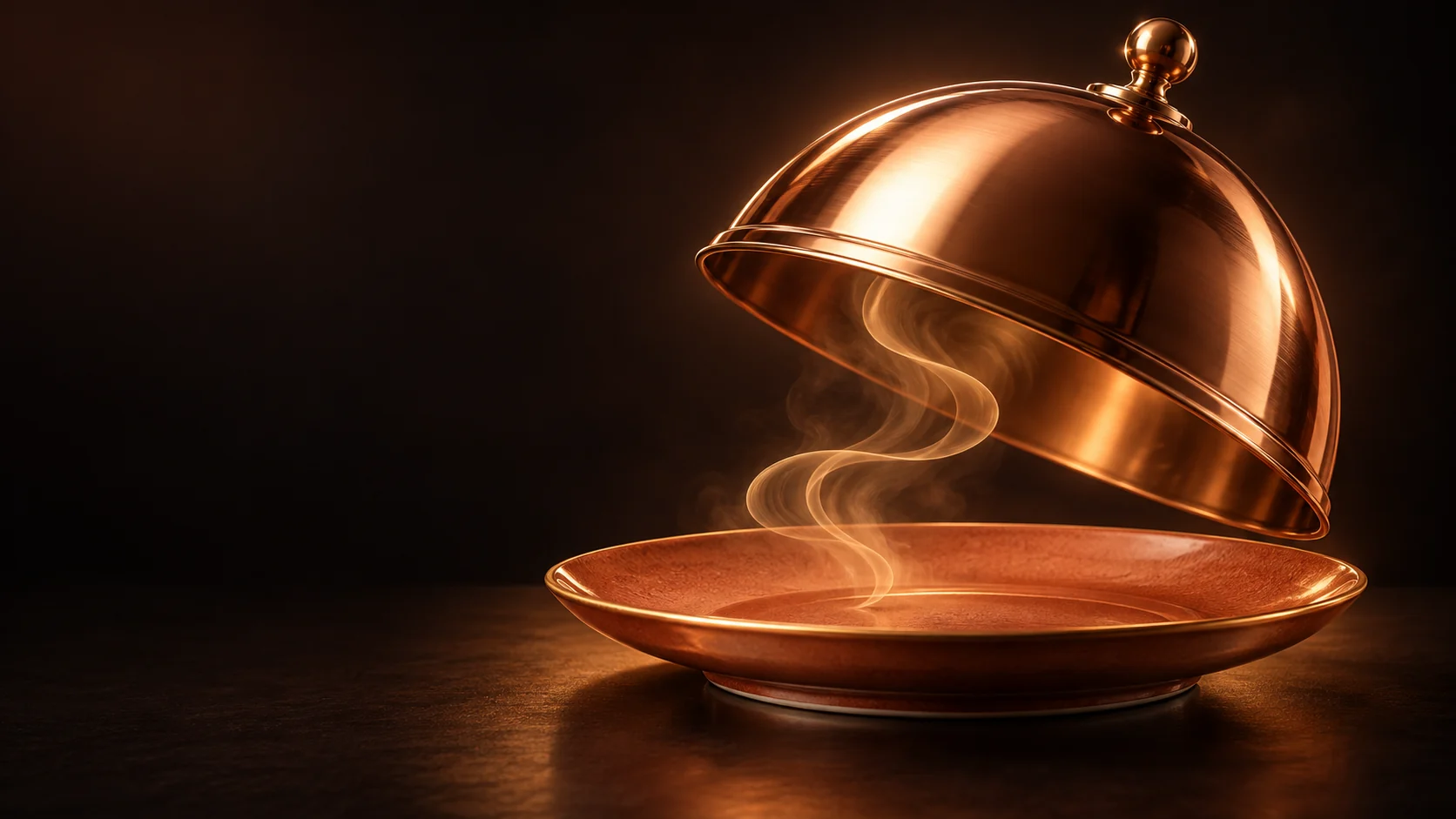 A raised copper cloche above a terracotta plate with curling steam.