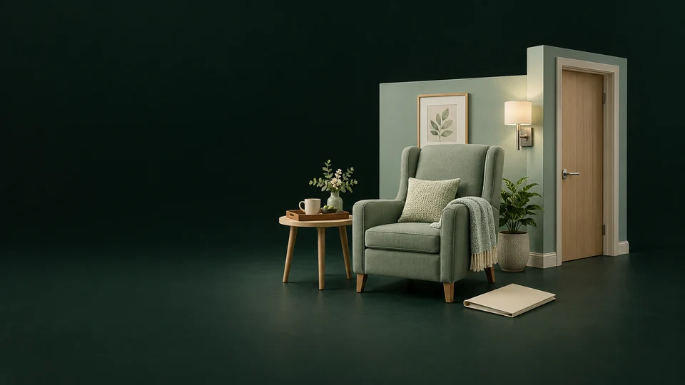 An empty upholstered chair, tray table and blank folder beside a complete residential doorway.