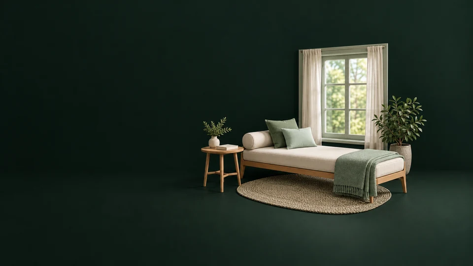 An empty daybed and folded blanket beside a curtained window, side table and blank folder.