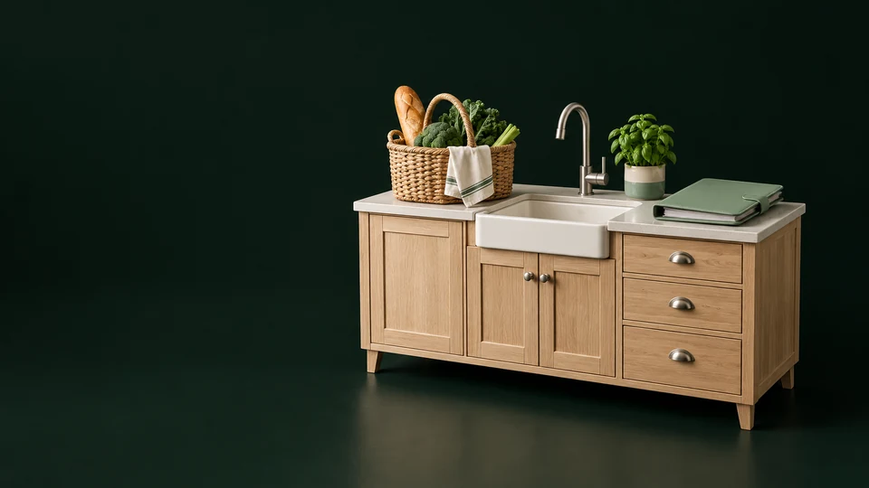 A miniature domestic kitchen with a groceries basket, blank planner and plant.