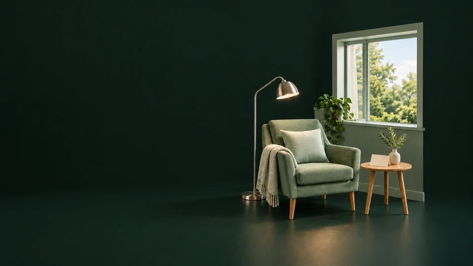 A reading chair, lamp and blank invitation beside a complete window and low apartment wall.