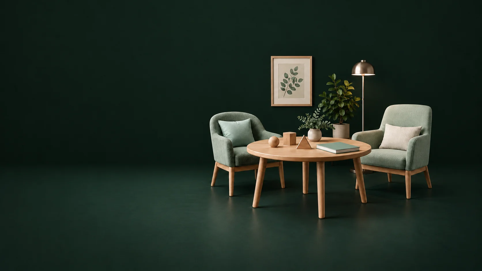Two empty chairs around an activity table with wooden shapes, blank folder, lamp and plants.