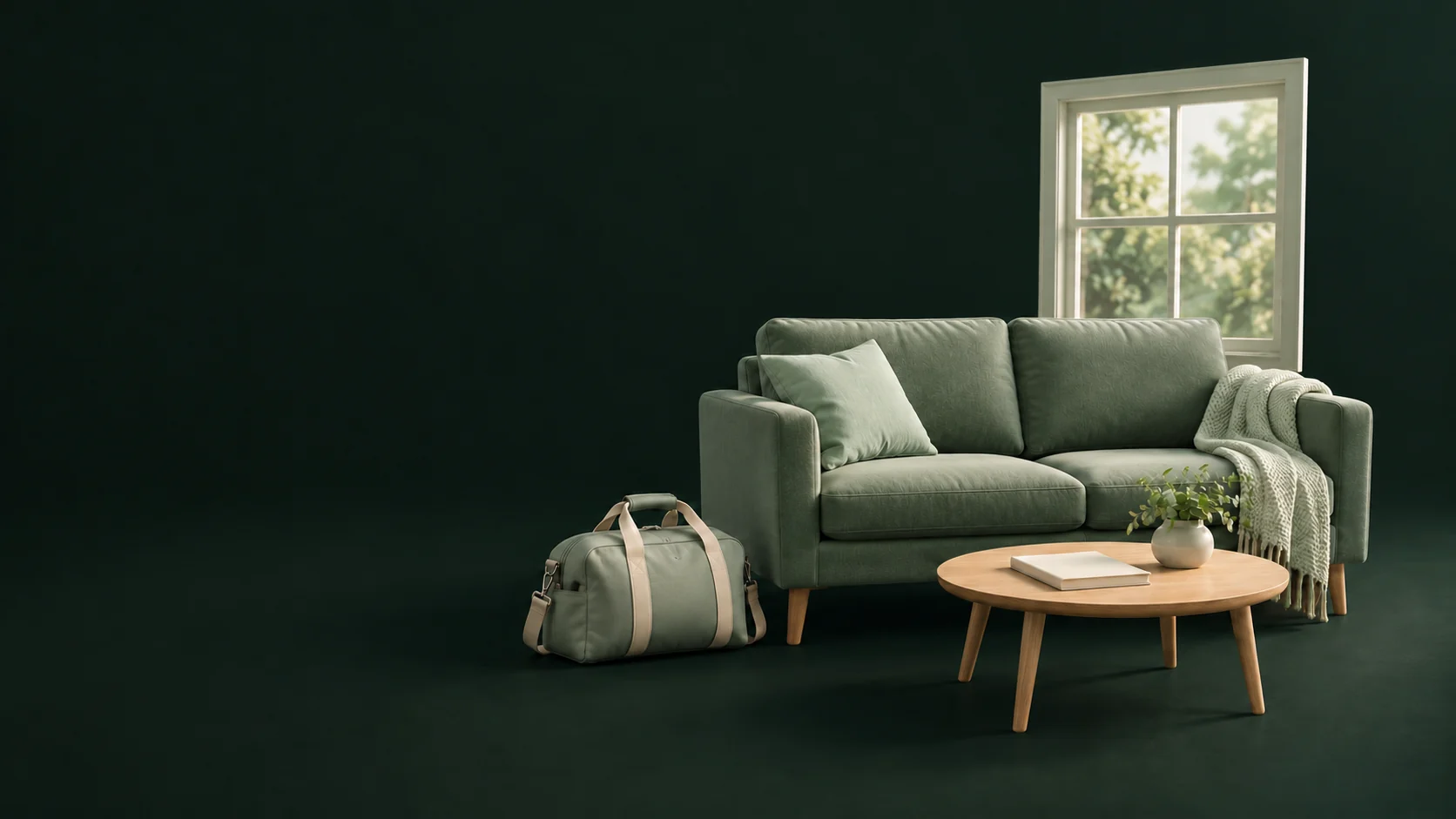 An empty sofa, overnight bag and low table with a blank planner beside a complete window.