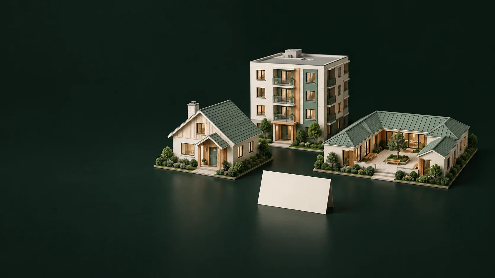 Three complete building models representing a house, apartment and courtyard residence, with a blank card.