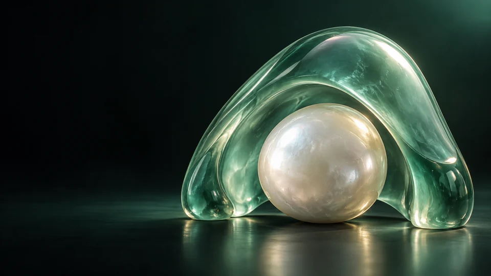 Translucent green arch above a pearl-colored sphere.