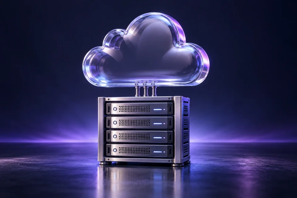 Server rack beneath a glass cloud
