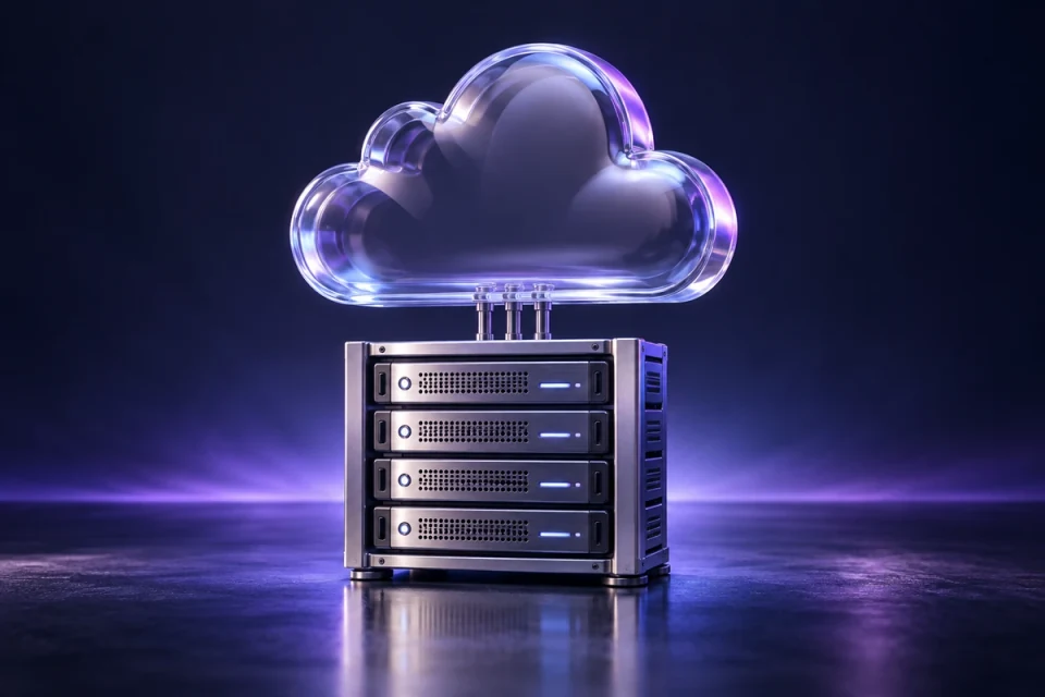 Server rack beneath a glass cloud