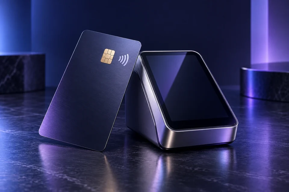 Payment card with chip beside a payment terminal