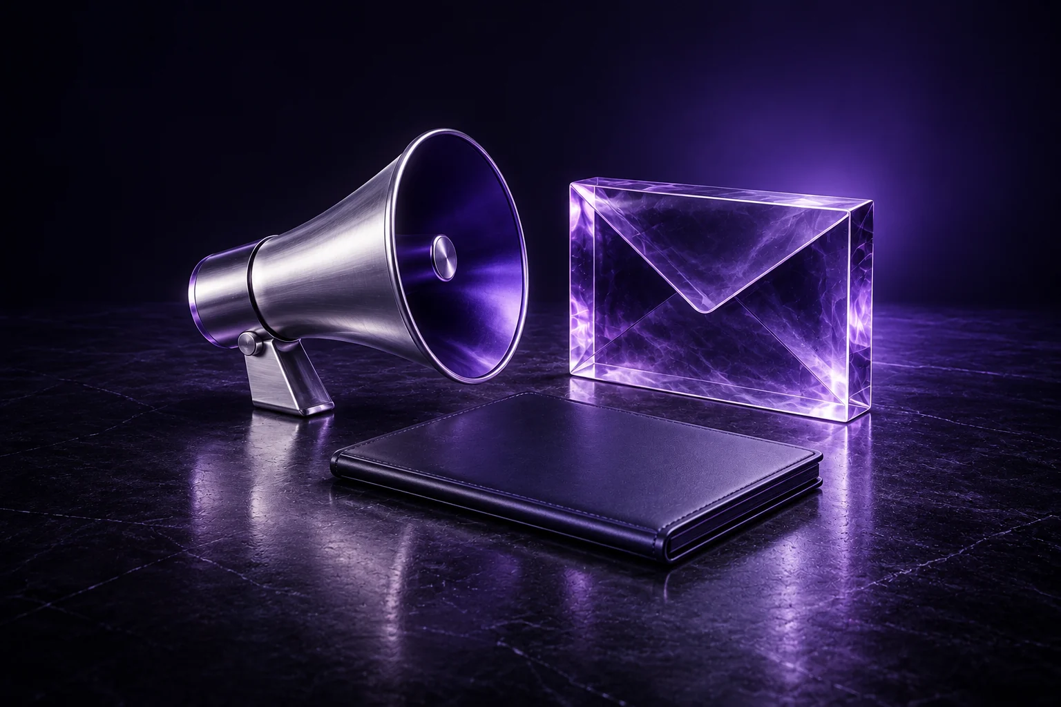 Silver megaphone beside a translucent violet envelope and a closed indigo folio.