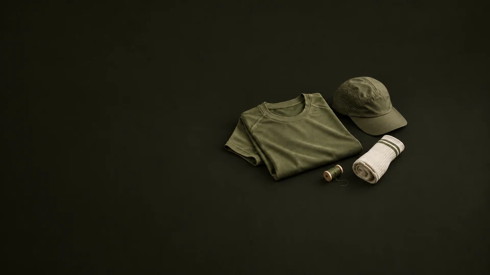 A folded olive performance top, running cap, cream sock and thread spool form a compact athletic apparel group.