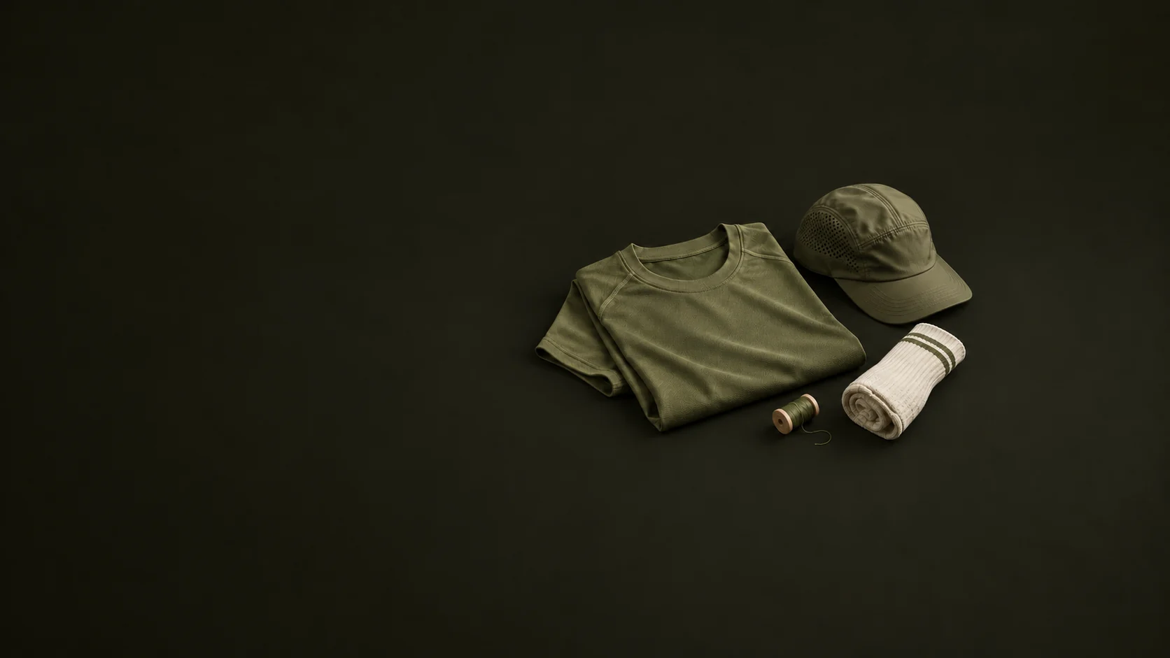 A folded olive performance top, running cap, cream sock and thread spool form a compact athletic apparel group.