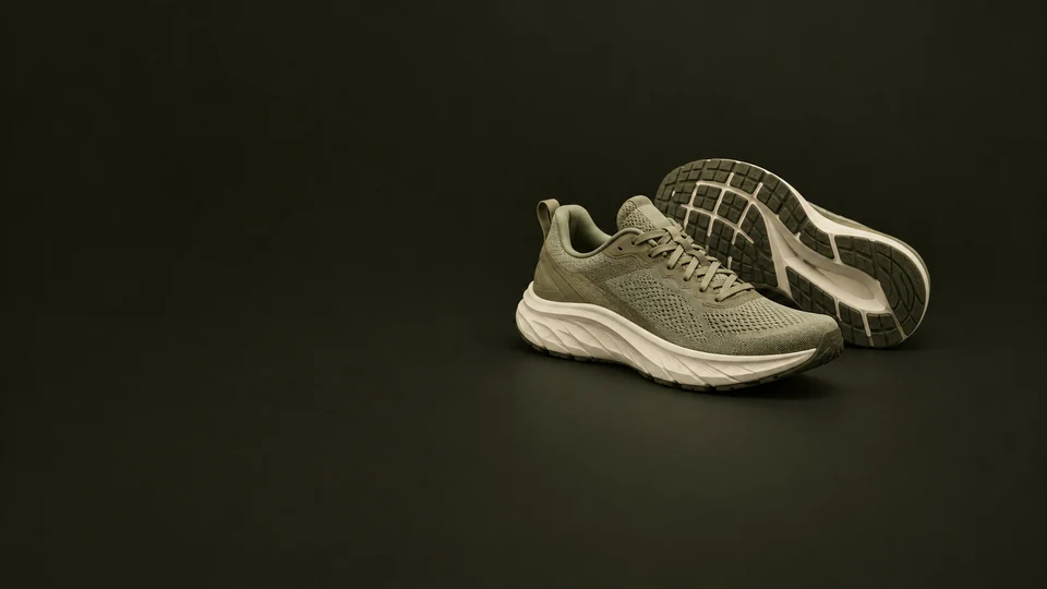 A pair of olive and cream running shoes shows knit uppers, sculpted soles and tread.