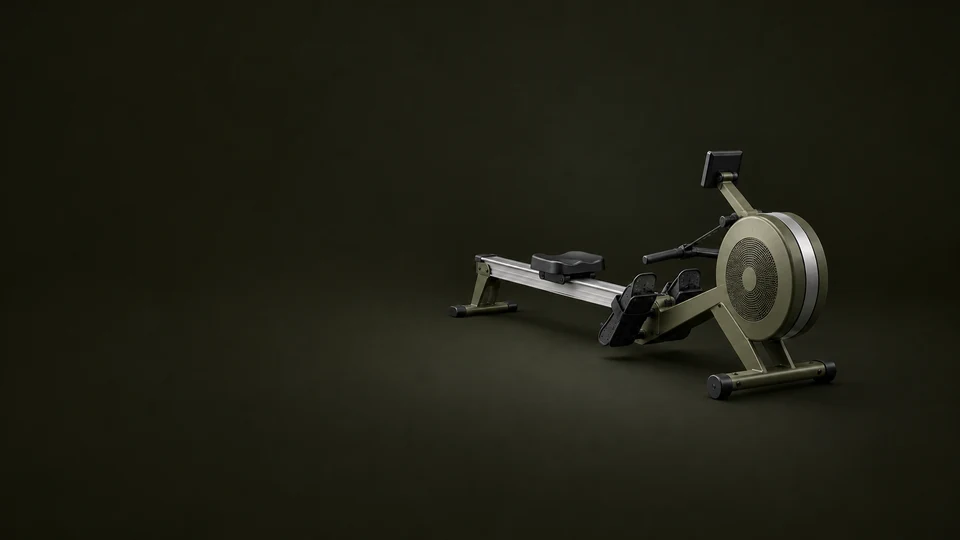 A complete olive rowing machine shows its flywheel, rail, sliding seat, footplates and blank monitor.