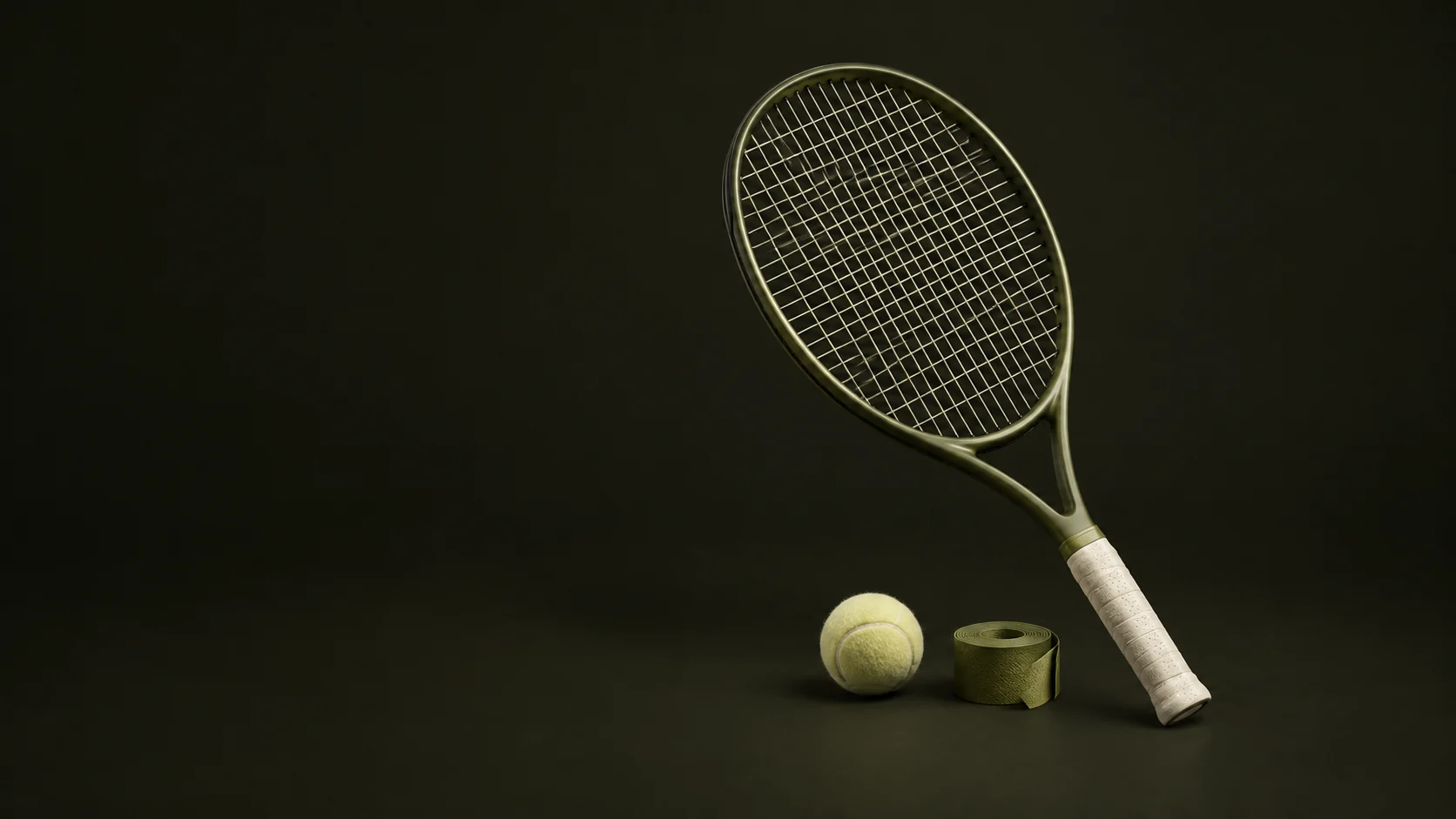 An olive tennis racket with cream grip stands beside a pale ball and an overgrip roll.