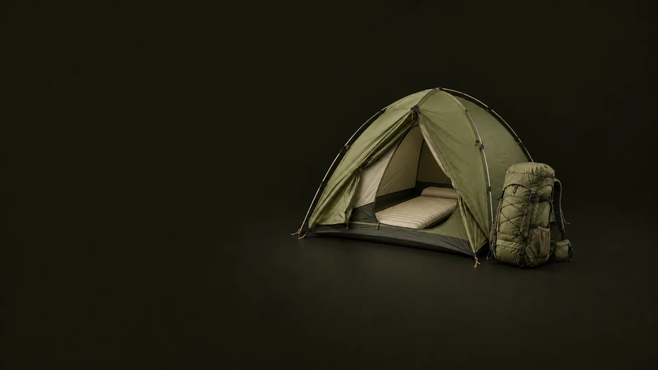 An olive dome tent reveals a cream sleeping pad beside a compact hiking backpack.