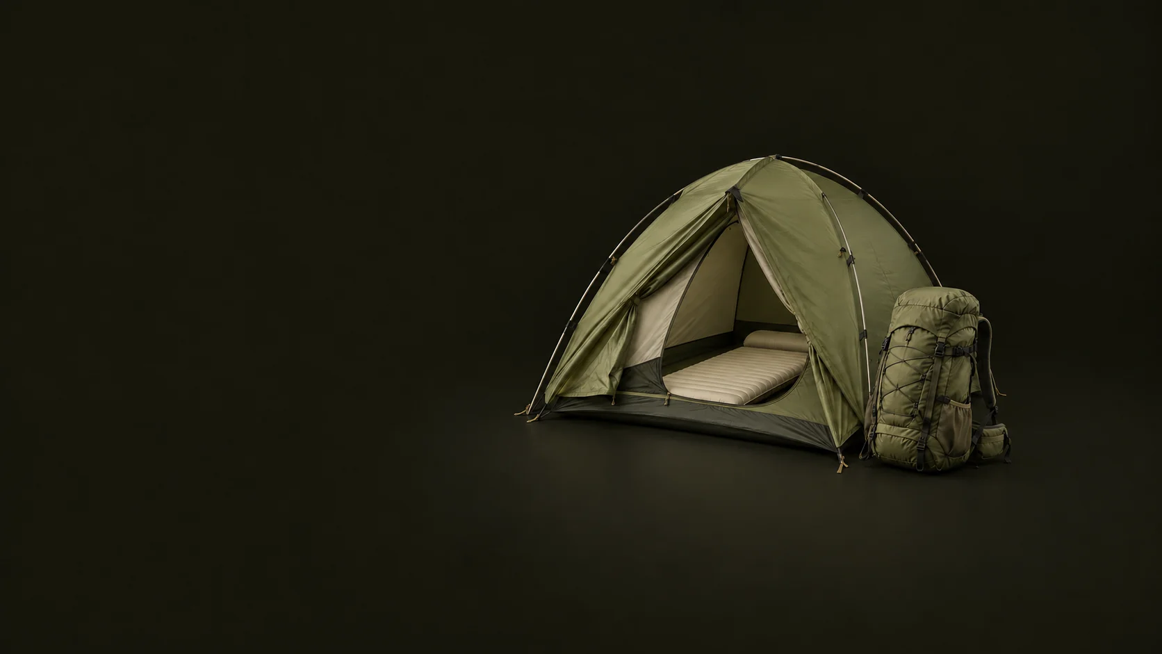 An olive dome tent reveals a cream sleeping pad beside a compact hiking backpack.