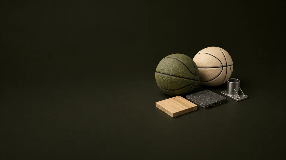 Olive and cream basketballs sit beside hardwood and outdoor court samples and a metal hoop connector.