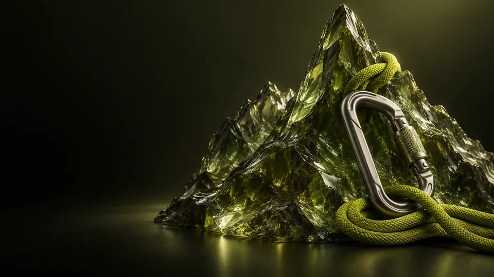 Olive glass mountain forms beside a metal carabiner and green rope.