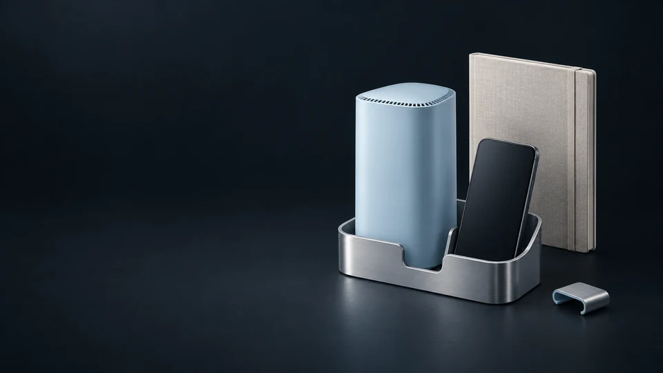 A home gateway and inactive phone in a removable metal cradle beside a household folio.
