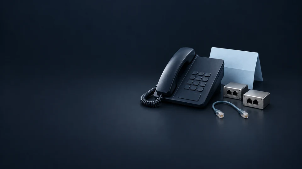 An office telephone beside two patch docks, loose cable and blank authorization sheet.