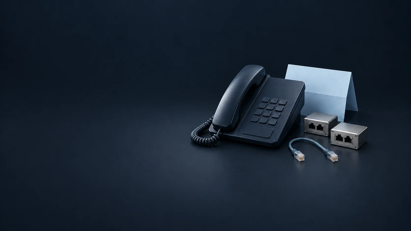 An office telephone beside two patch docks, loose cable and blank authorization sheet.