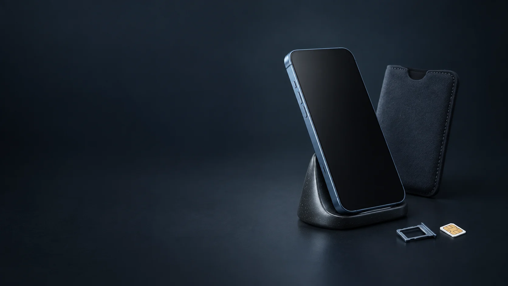 An inactive smartphone with a separate SIM, tray and device sleeve.