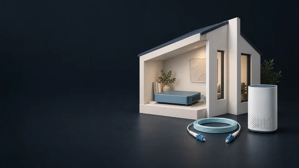 A model home corner with a gateway, fiber cable and separate wireless receiver.