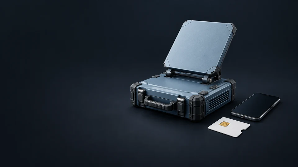 A fictional portable satellite terminal beside an inactive phone and SIM sleeve.