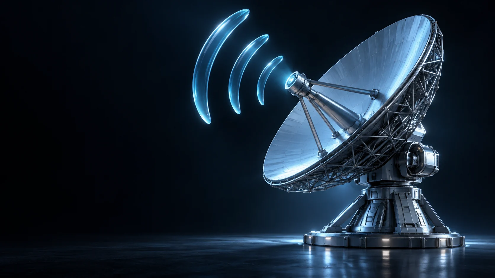 Silver satellite dish beside curved blue glass signal forms.