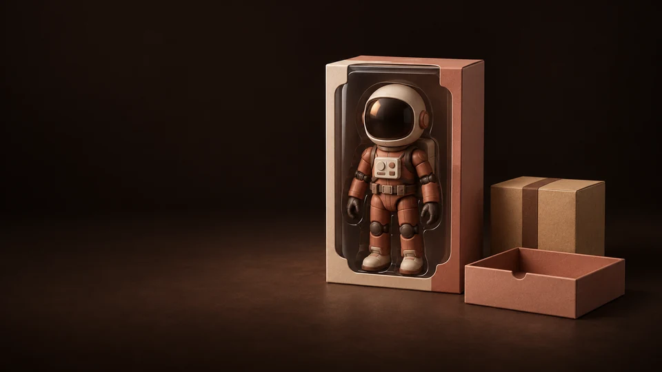 A boxed articulated explorer figure beside a closed parcel and an empty waiting tray.