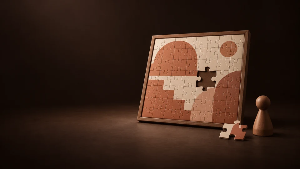 A framed abstract jigsaw puzzle with one open slot, a loose piece and a wooden game pawn.