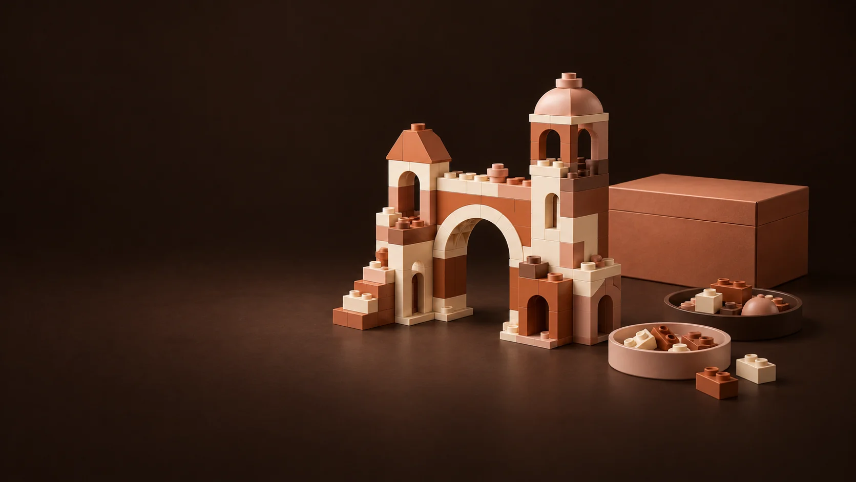 An original toy-brick arch and towers beside a plain kit box, parts trays and loose bricks.