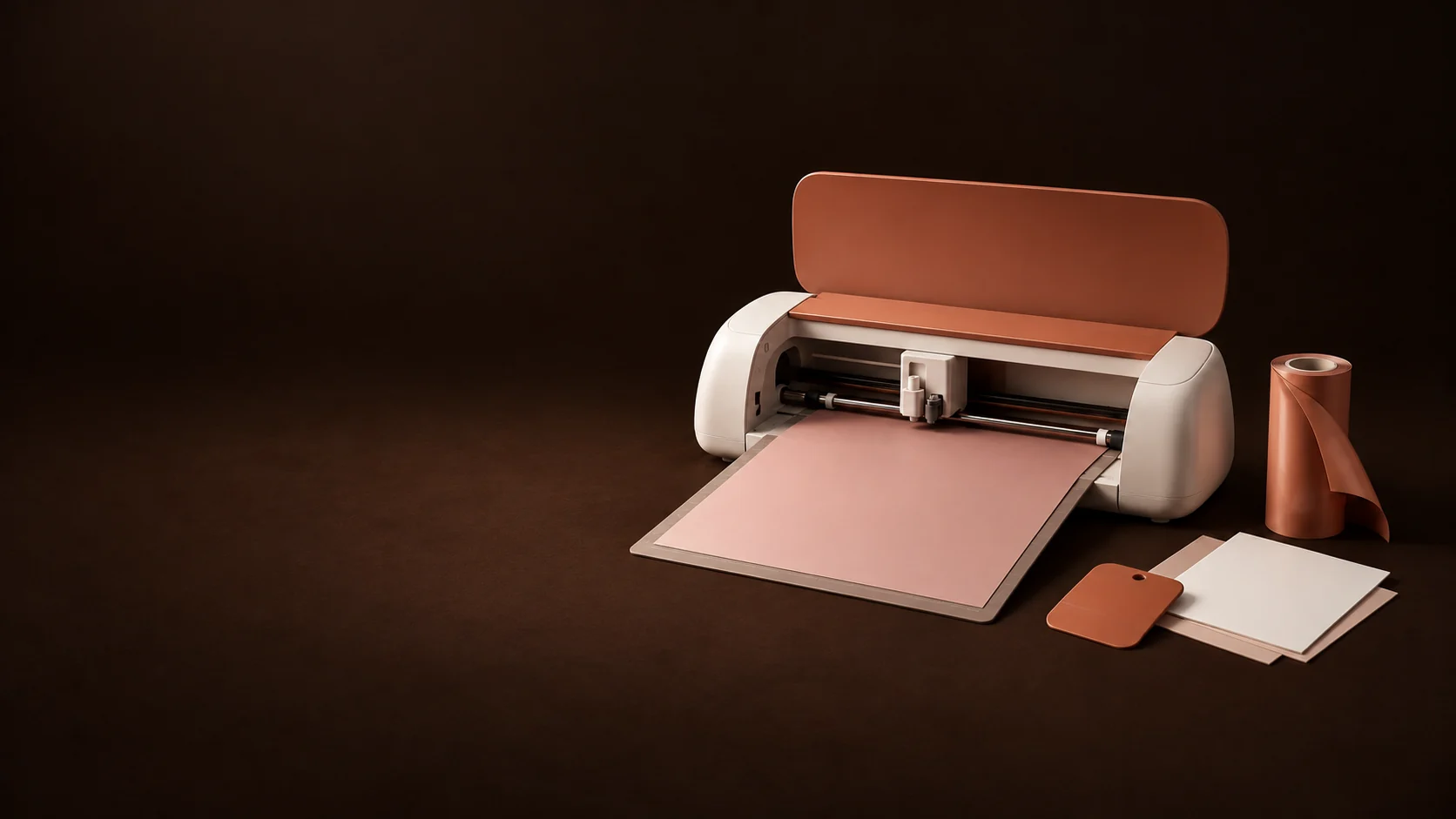 A compact craft-cutting machine with an emerging mat and cardstock, vinyl roll, scraper and card sheets.