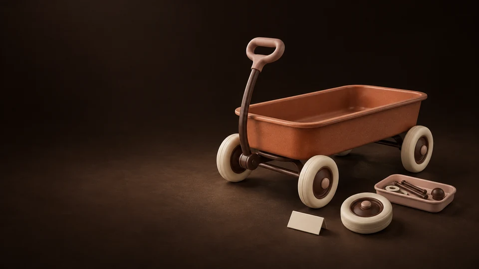 A complete toy pull-wagon beside a spare wheel, blank model plate and parts tray.